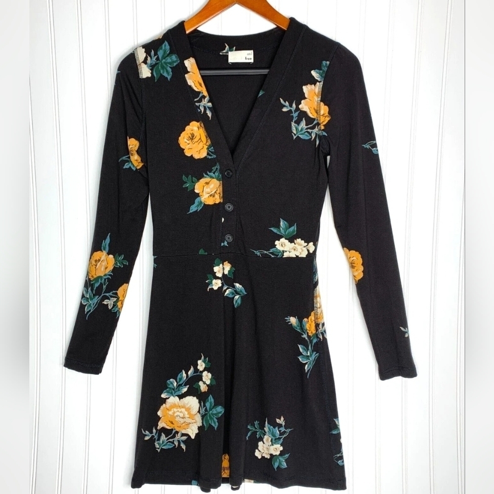 Aritzia Wilfred Free Dress Large Black Yellow Floral Mini Fit Flare Roslin - Picture 2 of 7